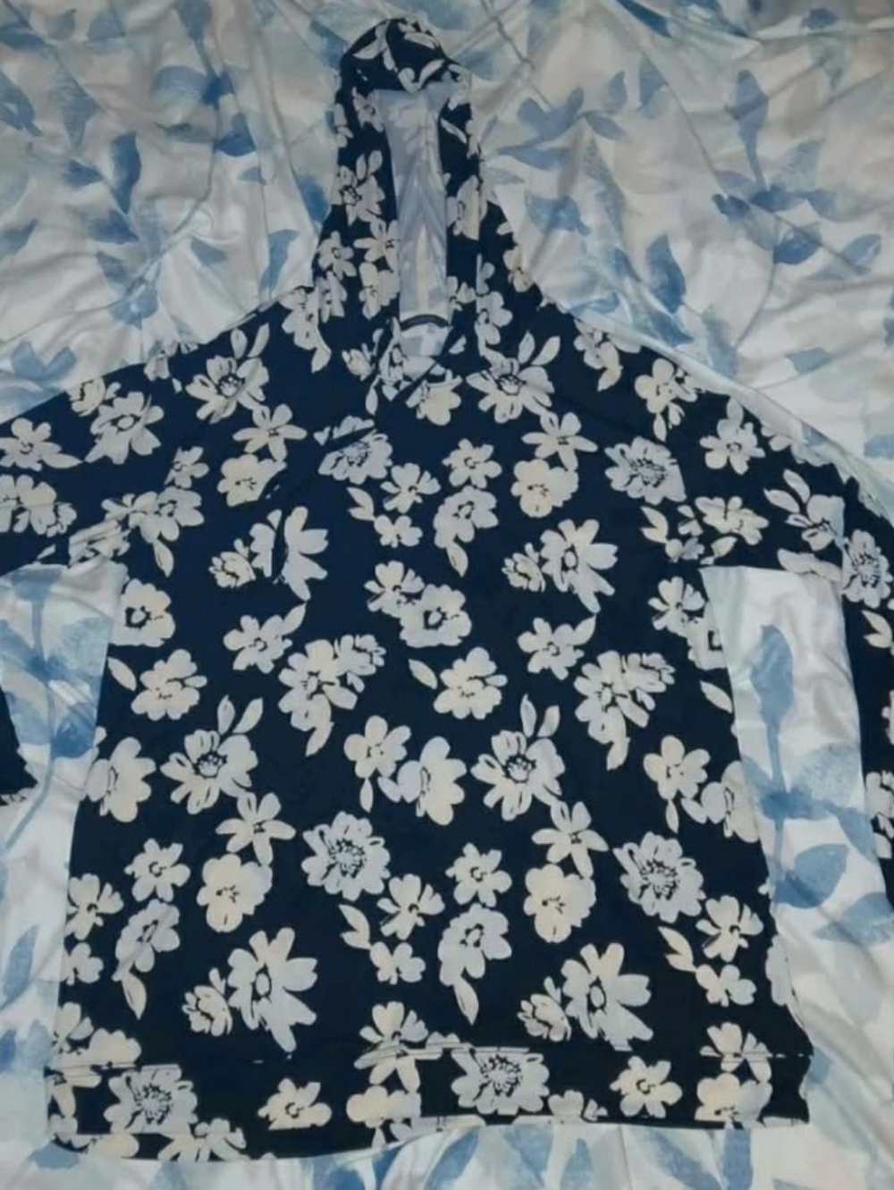 Navy Floral Hoodie with White Flower Print